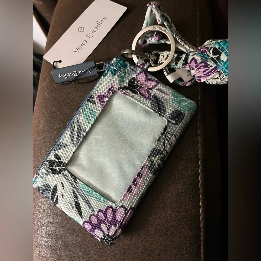 Vera Bradley Aqua Mint and Purple Floral Zip Wristlet ID Lanyard - Picture 2 of 2
